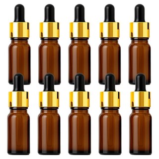 LIVING Maker 化妝品油滴管精華液精油瓶 10ml, 10個, 褐色 + 黑色橡膠 + 金色蓋