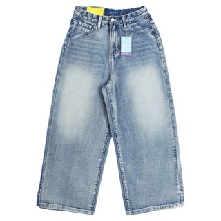 Sugarfun 女款基本長度Loopy鈕扣寬版牛仔褲