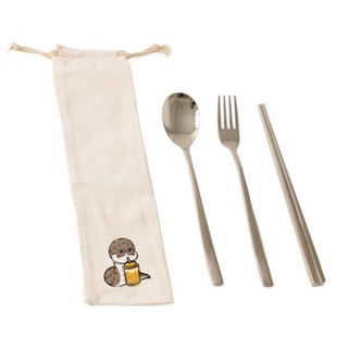 YCCT 316不鏽鋼筷叉匙收納袋4件組 蛇, 筷子 + 叉子 + 湯匙 + 收納袋, 1套, 米色