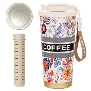 316不鏽鋼雙飲晶瓷咖啡隨行杯, 1個, 500ml, 白色花語