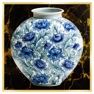 菊花月亮缸圖畫框 招財開幕喬遷禮物 金色大理石, 亮面金色