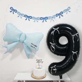 OLIVEPARTY 粉彩蝴蝶結芭蕾風黑色數字9字母氣球生日派對用品組, 1套, 藍色