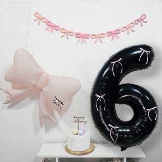 OLIVEPARTY 粉彩大蝴蝶結字母芭蕾風黑色數字6氣球生日派對用品組, 粉紅色, 1套