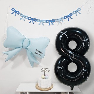 OLIVEPARTY 粉彩蝴蝶結芭蕾風黑色數字8字母氣球生日派對用品組, 藍色, 1套