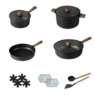 ANDY MAY2 韓匠不沾鍋輕量鈦複合鍋 4鍋15件組, 20cm奶鍋加蓋 + 24cm湯鍋加蓋 + 24cm煎鍋 + 28cm深煎鍋加蓋 + 隔熱墊 4個 + 湯勺 + 鍋鏟 + 大六角隔熱墊 2個, 1套, 黑色