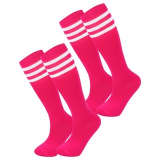 女神女款運動足球舞蹈高爾夫長筒襪, 2個, 28 螢光紅 + 白色條紋