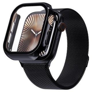 KANTAM Apple Watch 米蘭尼斯錶帶 + 保護殼組合, 黑色