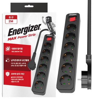 에너자이저 과부하차단 고용량 3680W 멀티탭 6구, 2m, 블랙, 1개