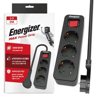 에너자이저 과부하차단 고용량 3680W 멀티탭 3구, 2m, 블랙, 1개