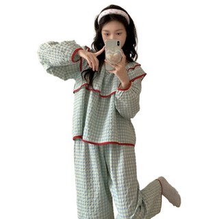 PEONIST 女性紅線大荷葉邊格紋睡衣套組