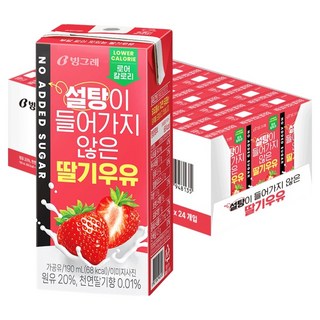 Binggrae 無加糖草莓牛奶, 24個, 190ml