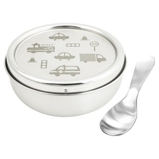 KOM 童趣系列 316不鏽鋼兒童隔熱碗餐具組 汽車, 餐碗 + 上蓋 + 湯匙, 1套, 白色