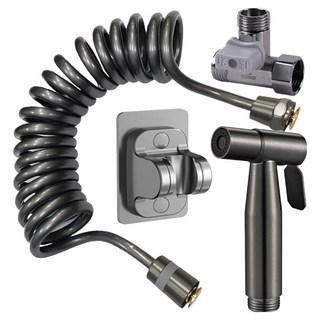 Etrain 浴室噴槍組 304不鏽鋼 + 黃銅螺旋水管 + 掛架 + T型閥 廣角清潔噴頭組, 槍灰色, 1套