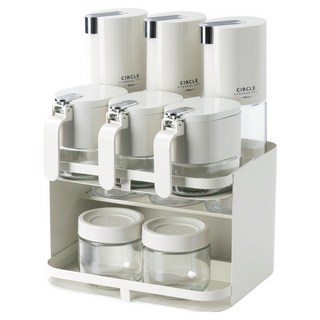 PINMOO 品沐 食味調味罐9件組 白色 檯面款, 1套, 2個密封罐 + 3個密封調味罐 + 3個自動開蓋油壺 + 置物架