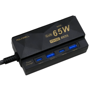 POLYWELL 寶利威爾 65W 4孔電源線快充頭 GaN 雙Type-C 雙USB PW15-T05-A114, 1個, 黑色