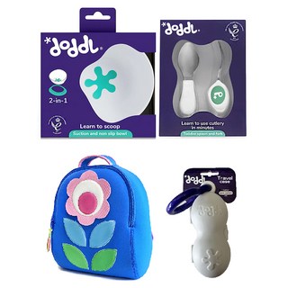 doddL 人體工學兒童學習餐具套組, 叉子 + 湯匙 + 強力吸盤 + 2合1可拆式吸盤碗 + 攜帶盒 + 可機洗魔法花朵輕量後背包, 1套