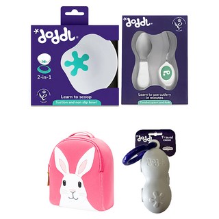 doddL 人體工學兒童學習餐具套組, 叉子 + 湯匙 + 強力吸盤 + 2合1可拆式吸盤碗 + 攜帶盒 + 可機洗兔子樂園輕量後背包, 1套