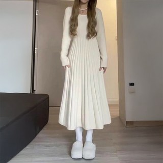 Goodif 女款法式風情柔美版型賓客穿搭百褶針織長版連身裙, 象牙白