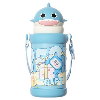 SUNORO 兒童用 卡通小鯊魚316不銹鋼彈跳吸管保溫杯, 藍色, 1個, 550ml