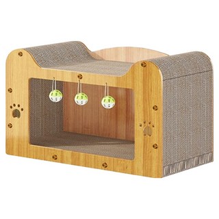 咕沛日常 貓抓屋 磨爪睡覺逗貓多功能 耐磨不掉屑 雙層貓別墅 貓爪大門, 實木色, 1個