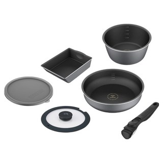 IRIS OHYAMA 愛麗思歐雅瑪 鑽石塗層鍋具IH6件組 昇級版 DCI-S6S, 柔霧灰色, 26公分平底鍋 + 20公分湯鍋 + 玉子燒鍋 + 20公分玻璃鍋蓋 + 20公分PE密封蓋 + 可拆式把手, 1套