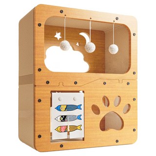 咕沛日常 磨爪睡覺逗貓多功能雙層貓抓屋 三層 門簾款, 實木色, 1個