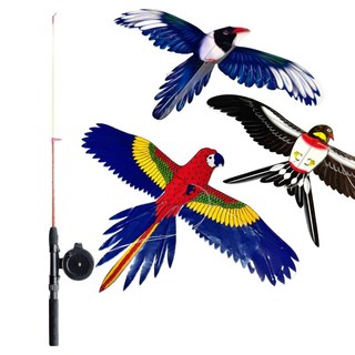 MAAH 고양이 새모양 연 낚싯대 장난감 3종 + 낚싯대 세트, 1세트, 혼합색상