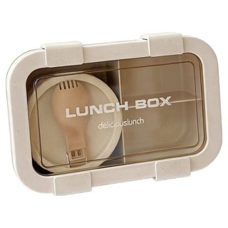 德利生活 可微波日式小麥秸稈三格便當盒 1L 附湯碗含蓋 + 叉匙, 米色, 1個