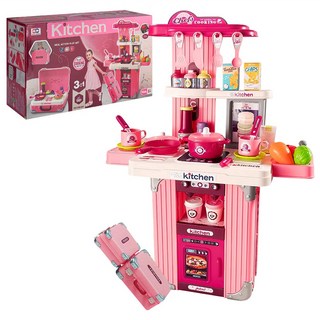 雄城玩具 手拉行李箱3型態兒童料理台廚房組 聲光電磁爐檯面 8601, 粉紅色, 1套