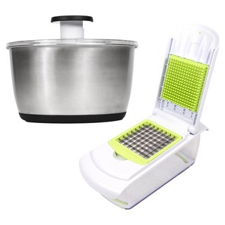 4BNK 不鏽鋼 304 大容量蔬菜脫水器 + 方形切丁蔬菜切碎器套組, 銀色, 白色, 1套