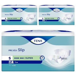 TENA 添寧 韓國原裝進口 PROskin Slip Super 強吸收型黏貼式男女通用成人紙尿褲, S, 30片, 3包