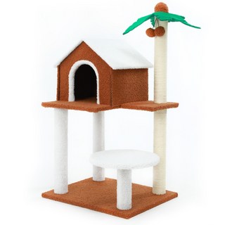 寵物夢工廠 椰子樹三層貓跳台 89 x 48 x 39cm, 咖啡色 + 白色, 1個