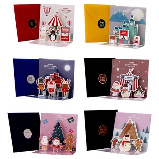 아이엔피 크리스마스 동화속마을 팝업입체 카드 11 x 11 cm 6종 + 봉투 6종 + 스티커 6종 세트 POP-02, 혼합색상, 1세트