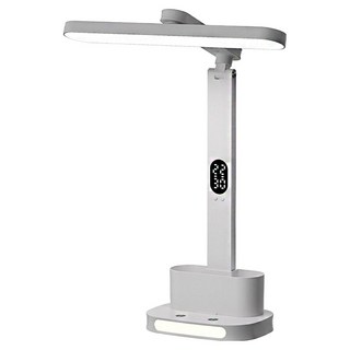 Kyhome LED雙燈時鐘檯燈 護眼學習閱讀燈 宿舍照明燈 臥室桌燈 小夜燈 收納筆筒 白色