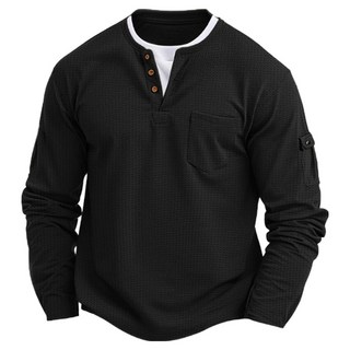 JTL 男款鈕扣V領口袋層次華夫格紋T恤