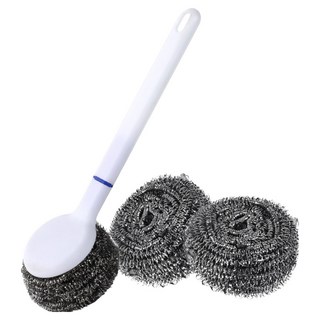 HelloKitchen 附手柄不鏽鋼清潔刷 + 鋼絲絨補充包 2入組, 白色, 1套