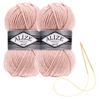 alize 슈퍼라나 뜨개실 100g 2p + 비니 뜨기 도안 + 대바늘 세트, 523, 1세트