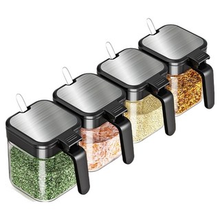 OURWORKS 玻璃密封調味罐組 黑色, 1套, 調味罐 4入 + 湯匙 4入