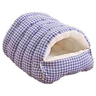 Mega冬季毛毛北極絨保暖封閉寵物窩, 藍格子, 1個