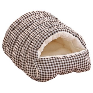Mega 冬季毛毛北極絨保暖封閉寵物窩, 咖啡格子, 1個