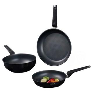 Kuchef 電磁爐不鏽鋼陶瓷塗層平底鍋3件組, 黑色, 平底鍋 22cm + 炒鍋 24cm + 平底鍋 28cm, 1套
