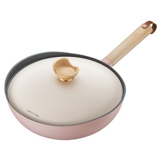 Lanmi 懶米 抱抱系列 麥飯石炒鍋加蓋 莫蘭迪粉, 1個, 30cm