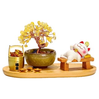 Mass 招財貓黃水晶樹桌面擺件4件組 招財貓 + 水晶樹 + 一桶金 + 竹木托盤, 躺贏