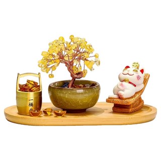 Mass 招財貓黃水晶樹桌面擺件4件組 招財貓 + 水晶樹 + 一桶金 + 竹木托盤, 躺賺