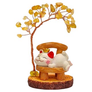 Mass 招財貓黃水晶樹桌面擺件2件組 招財貓 + 水晶樹, 閒樂