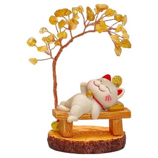 Mass 招財貓黃水晶樹桌面擺件2件組 招財貓 + 水晶樹, 躺贏