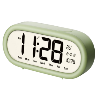 Couselect 大螢幕電子鬧鐘 三組鬧鈴 溫度顯示 靜音床頭時鐘 學生起床神器, 綠色