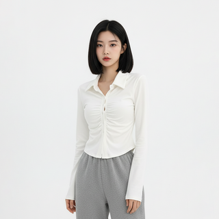 Marketpia 女款抓皺翻領長袖襯衫