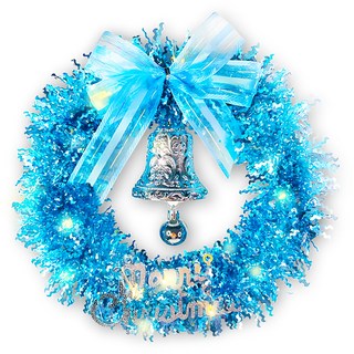摩達客 金蔥彎絲聖誕花圈 + 20燈LED暖白光燈串, 夢幻土耳其藍系, 1個