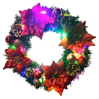 摩達客 浪漫朵朵聖誕花豪華綠色聖誕花圈福臨圈 + 20燈LED彩光燈串, 紅金系, 1個